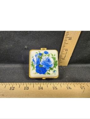 Vintage Trinket Pill Stash Jewelry Box Blue Floral Garden Porcelain Used